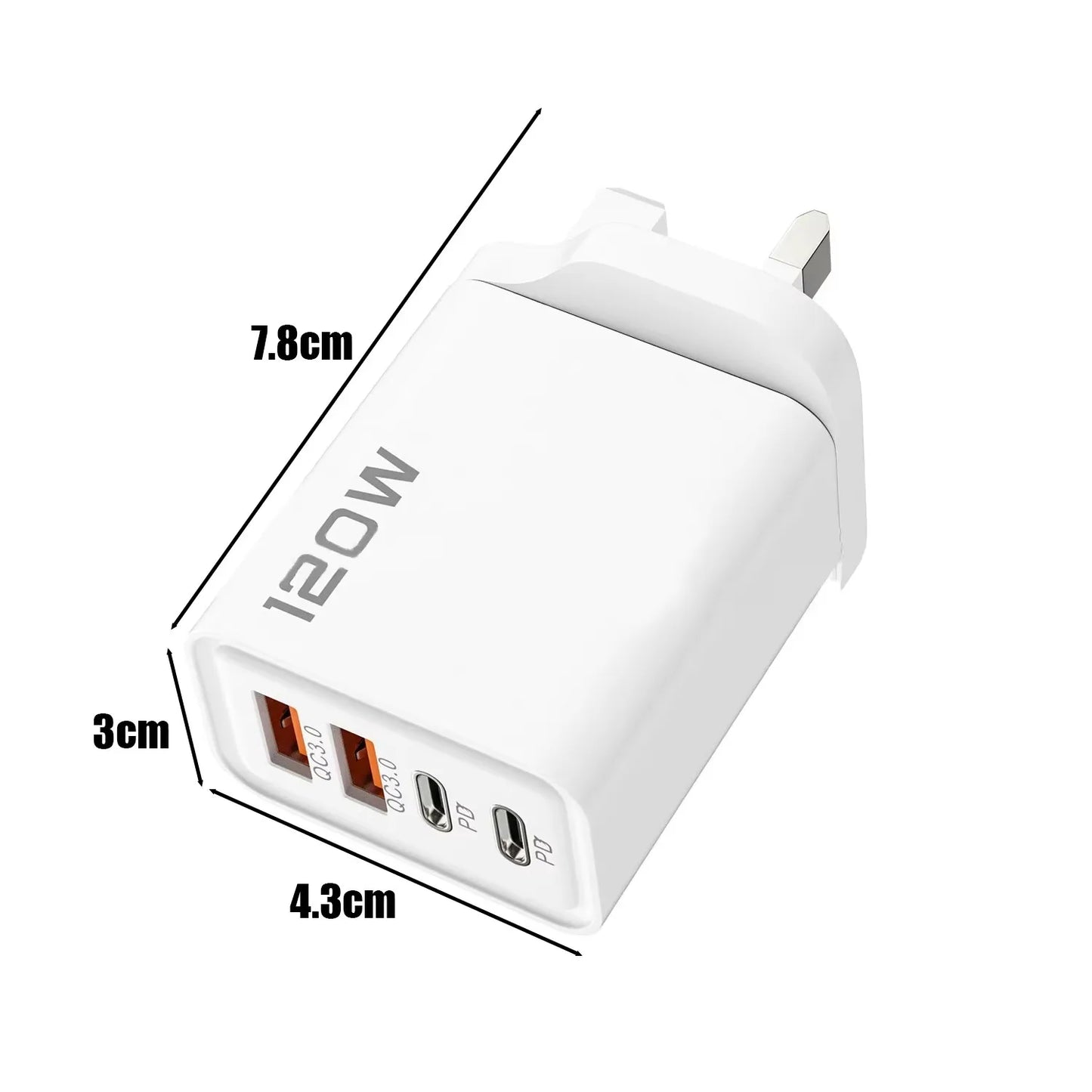 Carregador Rápido 120W com 4 Portas USB e Type-C — Alta Potência e Versatilidade