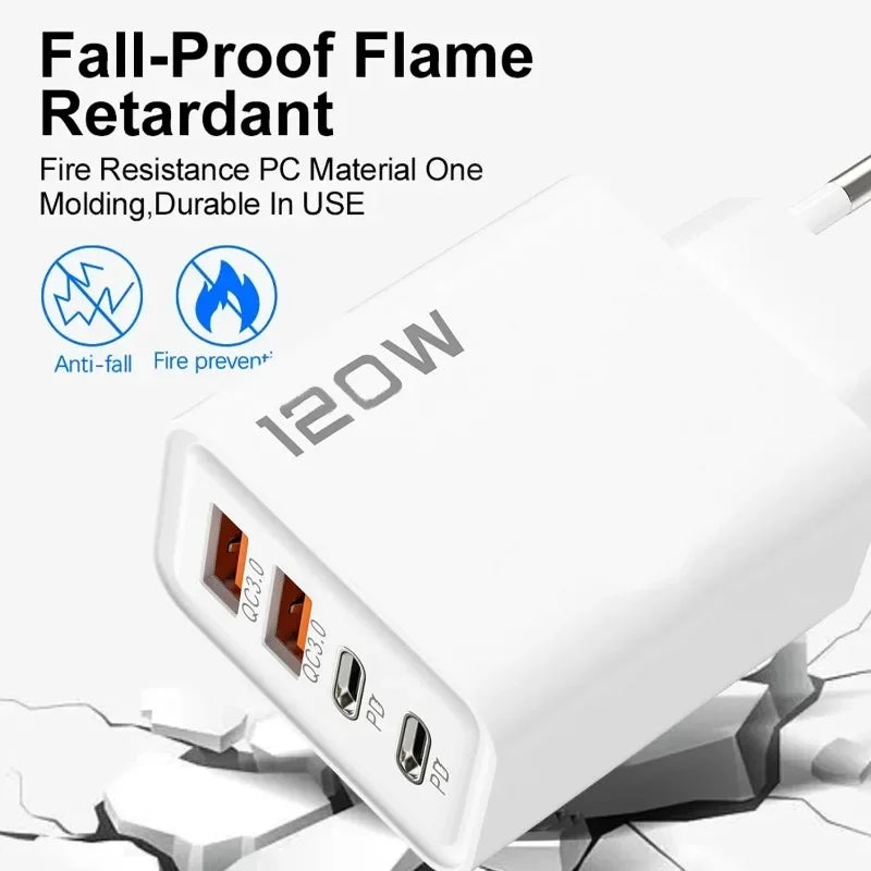 Carregador Rápido 120W com 4 Portas USB e Type-C — Alta Potência e Versatilidade