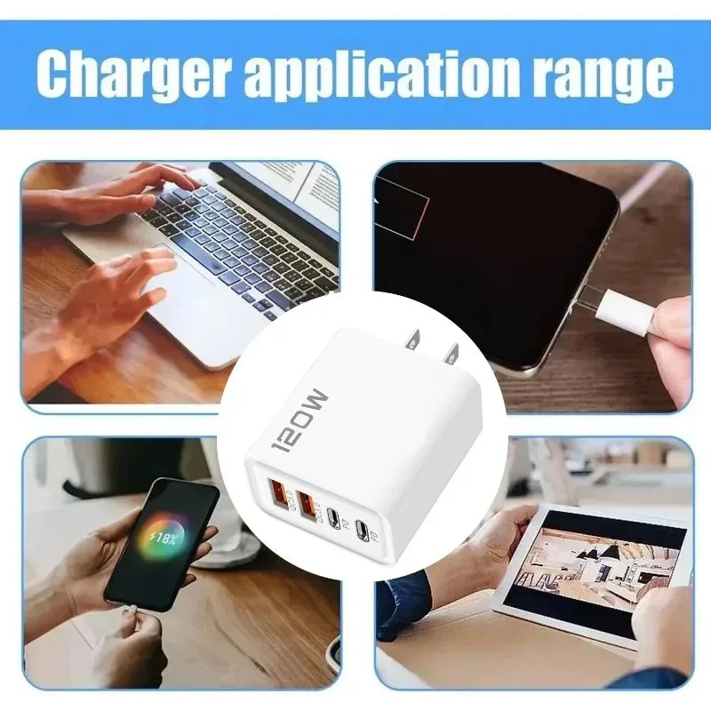 Carregador Rápido 120W com 4 Portas USB e Type-C — Alta Potência e Versatilidade