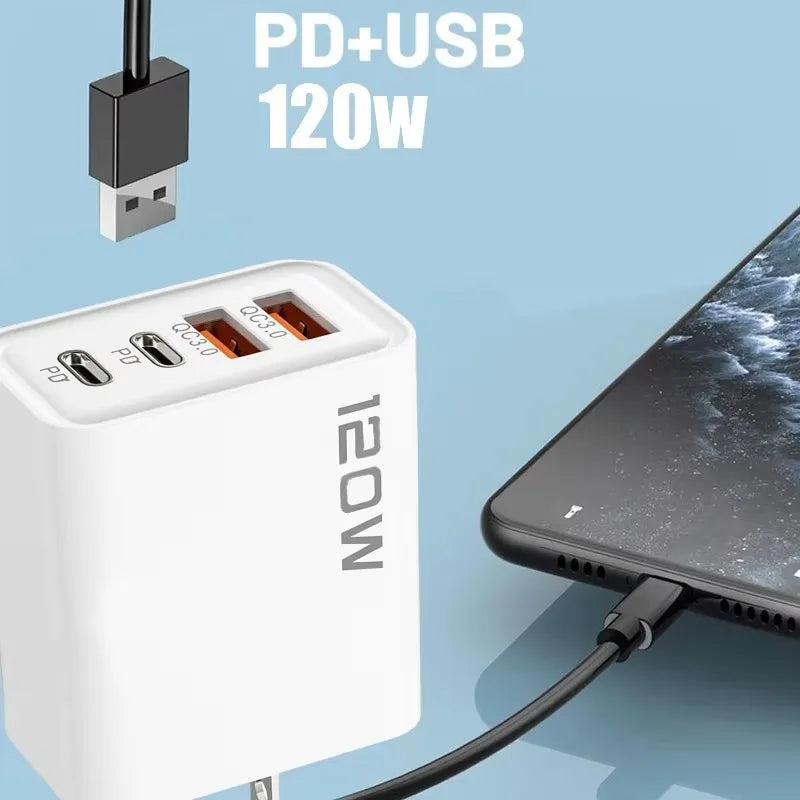 Carregador Rápido 120W com 4 Portas USB e Type-C — Alta Potência e Versatilidade