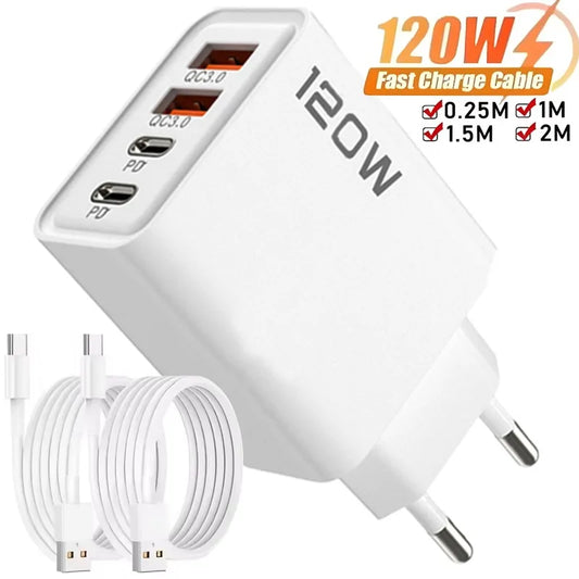 Carregador Rápido 120W com 4 Portas USB e Type-C — Alta Potência e Versatilidade