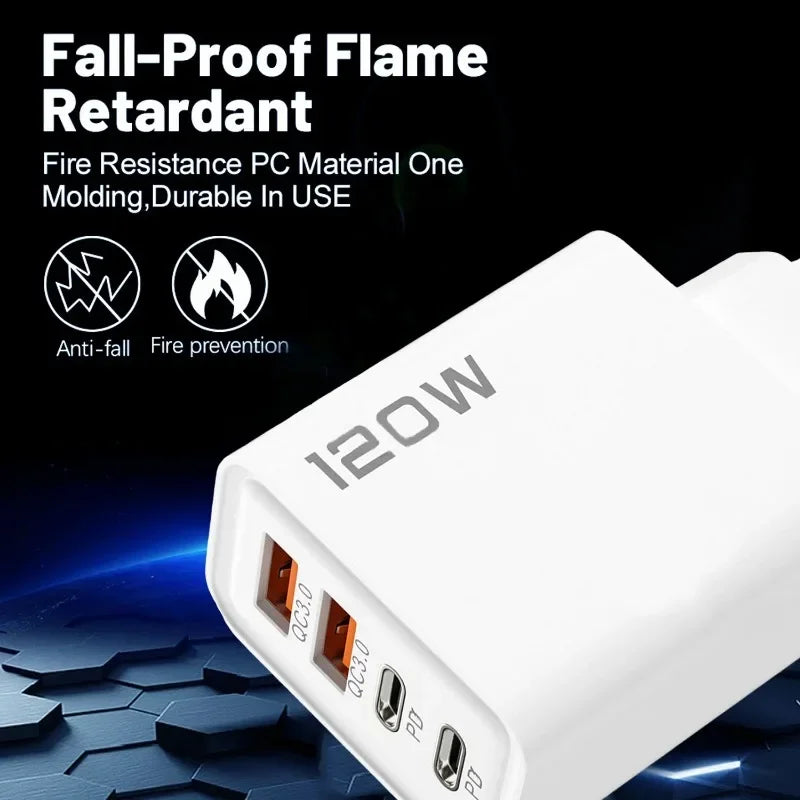 Carregador Rápido 120W com 4 Portas USB e Type-C — Alta Potência e Versatilidade