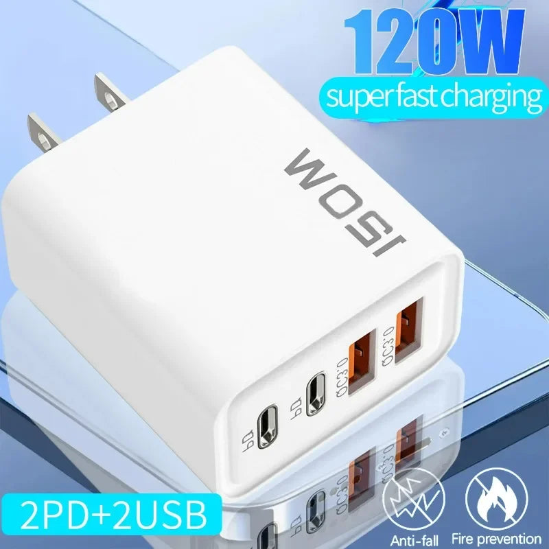 Carregador Rápido 120W com 4 Portas USB e Type-C — Alta Potência e Versatilidade